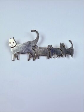 Taxco Cat & Kittens Animal Sterling Silver 925 Vintage XL 3.1" Pin Brooch Mexico